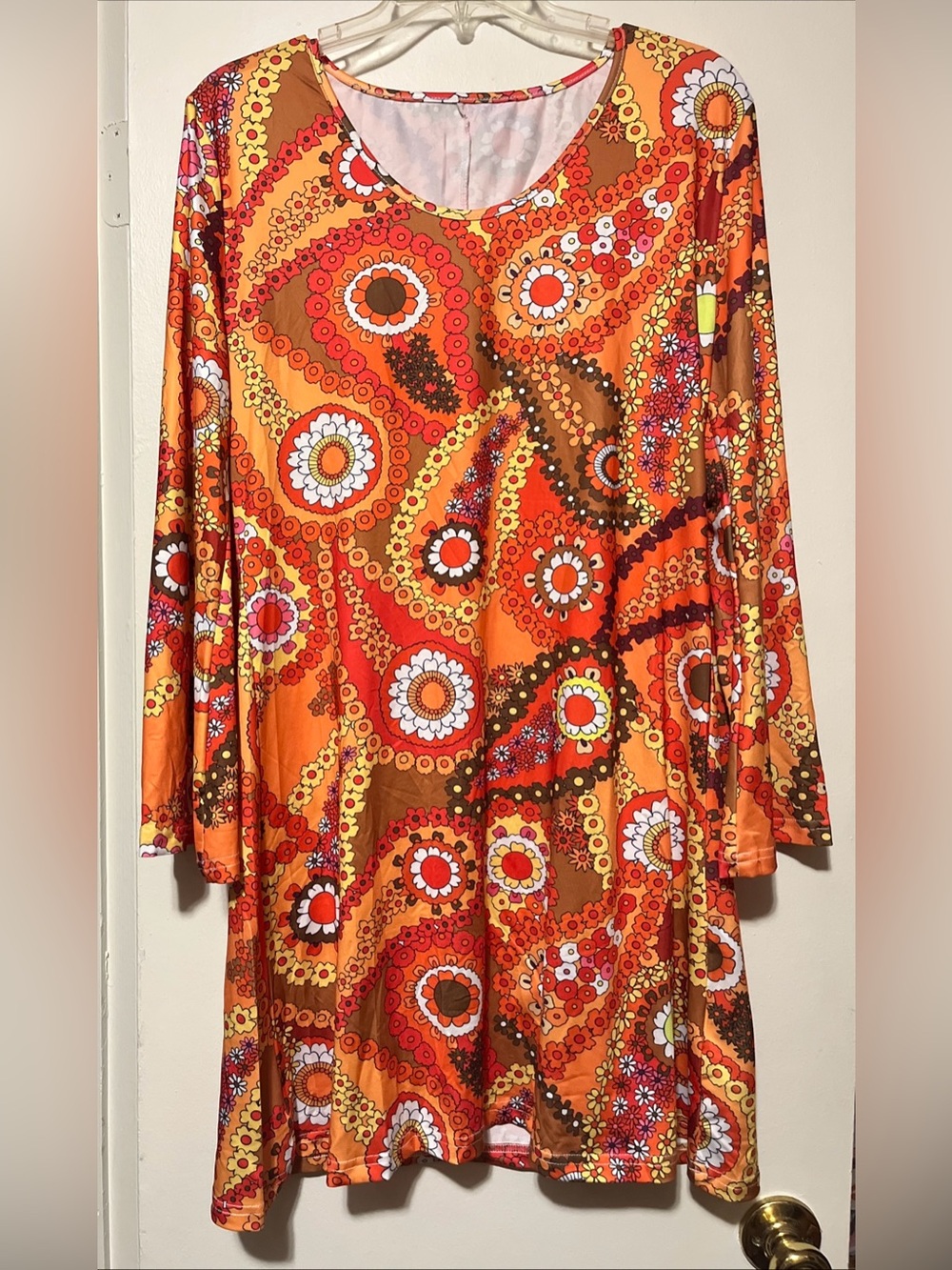 Vibrant Orange Floral Retro Hippie Groovy Long-Sleeve Dress Costume